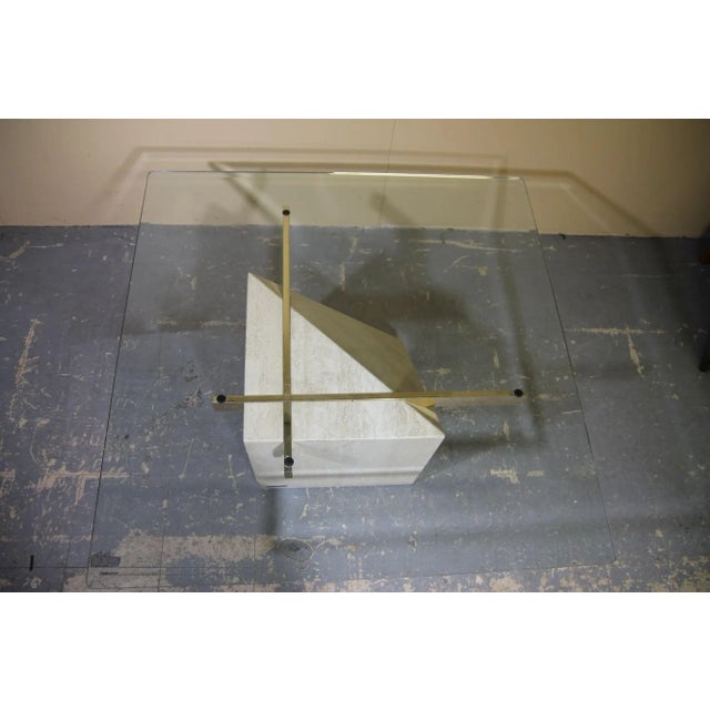 Mid-Century Modern 1970s Italian Travertine Coffee Table With Brass Supports and Glass Top For Sale - Image 3 of 9