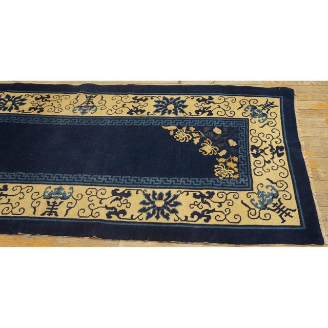 Textile Navy Blue Classic Greek Key Antique Peking Chinese Knotted Hallway Runner Rug For Sale - Image 7 of 10