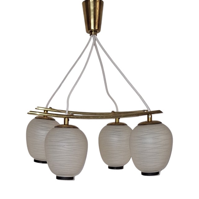 Mid-Century Japanese Ceiling Lamp with Pagoda-Shaped Brass Frame and Lantern Glass Shades, 1960s For Sale