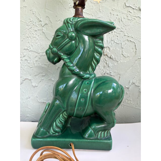 Mid 20th Century Vintage Emerald Green Glazed Ceramic Donkey Table Lamp – Art Deco Style – 22” Tall For Sale - Image 5 of 11