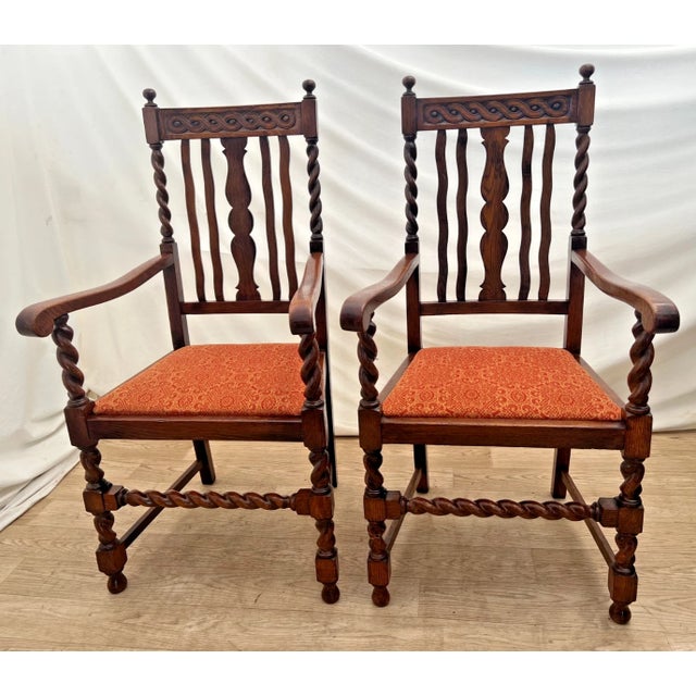 Wood Pair of Antique Jacobean Revival Barley Twist Oak Armchairs Rust & Gold Damask For Sale - Image 7 of 13