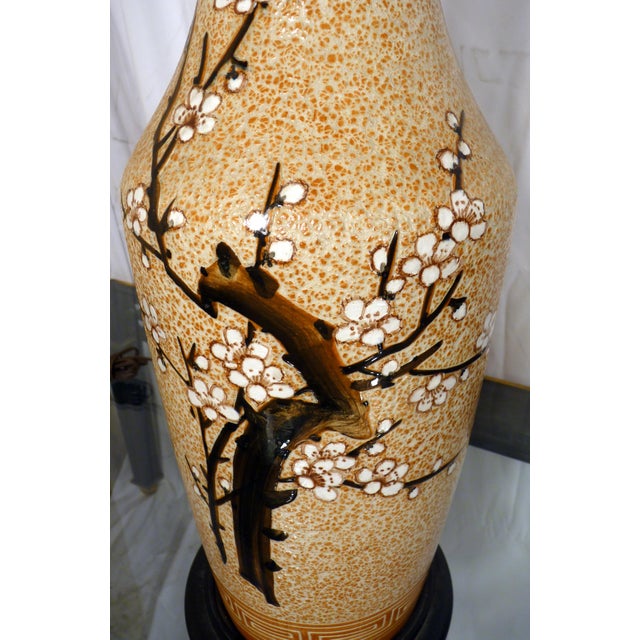 Mid-Century Modern Vintage Mid-Century Modern 26" Asian Ceramic Table Lamp With Cherry Blossom Motif For Sale - Image 3 of 7