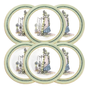 Mid 20th Century Regency Style Italian Mottahedeh Creil Green Rimmed Plates, Set of 6
