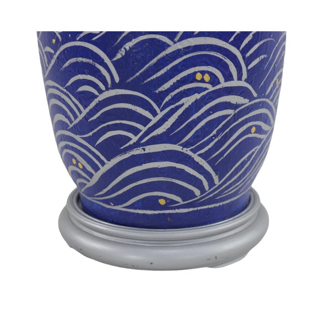 Modern Porcelain Vase Table Lamp With Hand Drawn Blue and White Abstract Wave Pattern For Sale In New York - Image 6 of 6