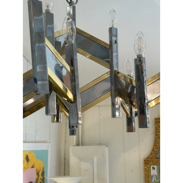 1970s Midcentury Modern Brass & Chrome Italian Designer Sciolari Chandelier For Sale - Image 5 of 12