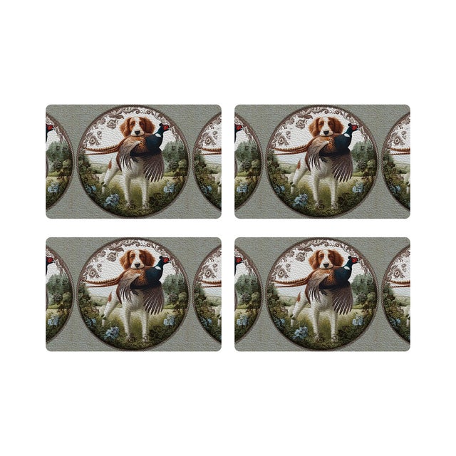 Woodland Hunting Dog Vegan Leather Rectangle Pebble Placemat, Set of 4 For Sale - Image 4 of 5