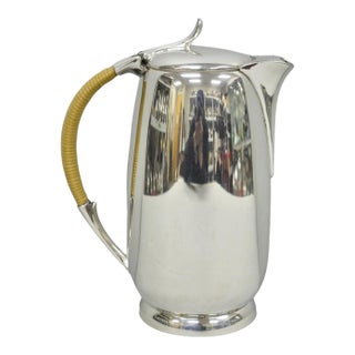 Amston Mid Century Modern Silver Plated Rattan Wicker Handle Coffee Pot Pitcher For Sale