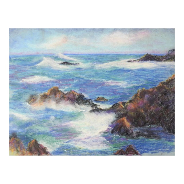Vintage Rocky Coastline Seascape Pastel Painting For Sale