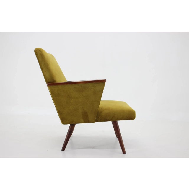 Newly upholstered. Refurbished. Mustard color fabric with easy clean technology. Height of seat 37 cm.