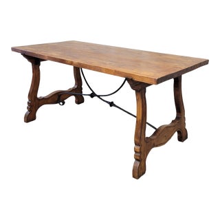 Vintage Spanish Revival Oak Dining Table With Wrought Iron Stretcher For Sale