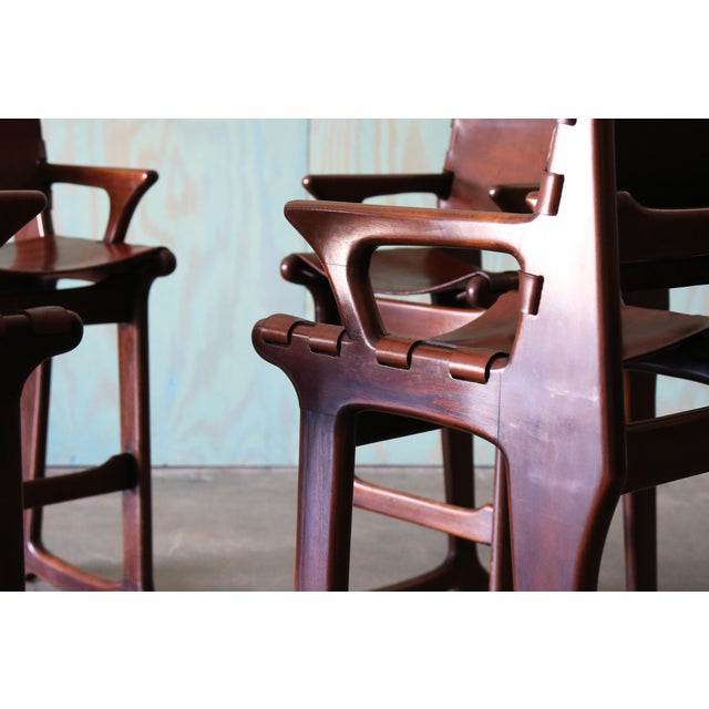 Brown 1960s Sergio Rodrigues Style Brazilian Barstools in Patinated Leather - Set of 4 For Sale - Image 8 of 15