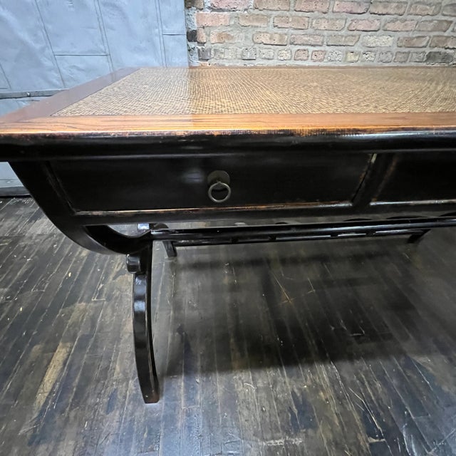 Mid 20th Century Chinese Colonial Style Desk With Rattan Top For Sale - Image 4 of 11