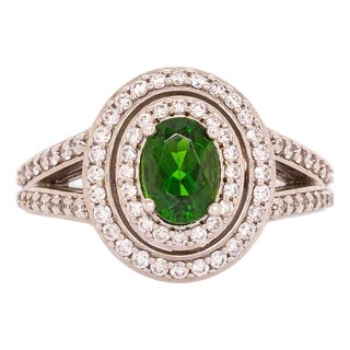 Stunning Chrome Diopside Ring With Earth Mined Diamonds: Solid 14k Gold 7x5mm, Size 6.75 For Sale