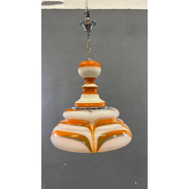 1970s Italian Art Glass Pendant Lamp in Orange and White, 1970s For Sale - Image 5 of 9