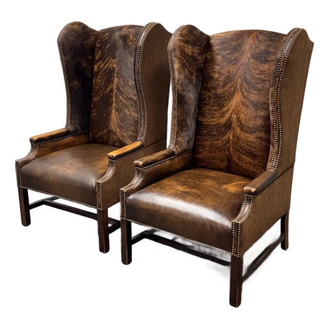 Paul Robert Lexie Hide Wingback Chairs, Pair For Sale