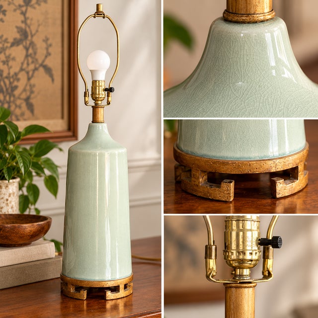 1960s Mid-Century Modern Celadon Crackle-Glaze Ceramic & Wood Table Lamp For Sale - Image 15 of 15