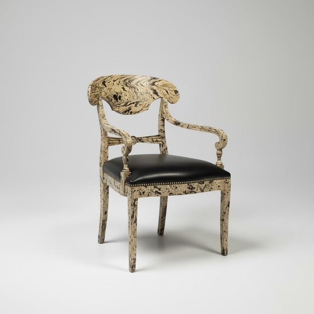 Traditional 1970s Regency Style Faux Marbleized Painted Arm Desk Chair W/ Black Leather For Sale - Image 3 of 9