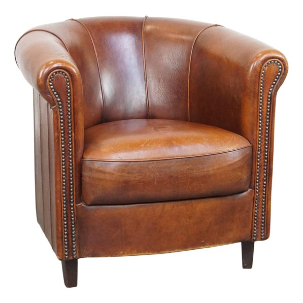 Cognac-Colored Sheep Leather Club Chair For Sale