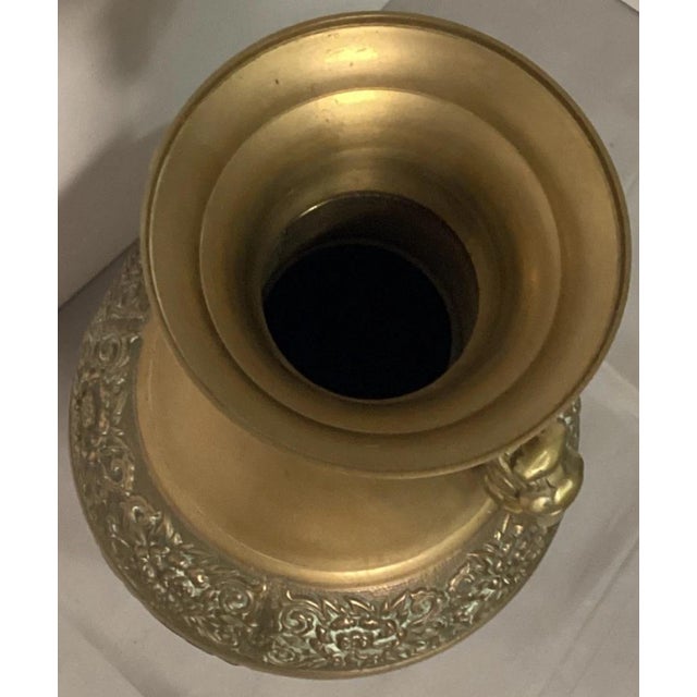 1970s Vintage 1960s Large 15" Solid Brass Urn Vase With Elephant Handles and Carved Flower Detail For Sale - Image 5 of 6