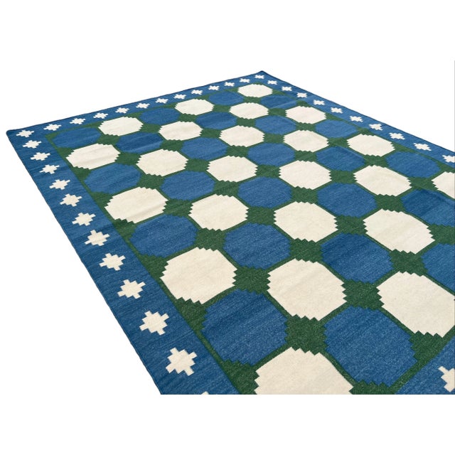 Sky Blue Handmade Woolen Flat Weave Tile Patterned Sky Blue and Forest Green Area Rug - 12'x15' For Sale - Image 8 of 10