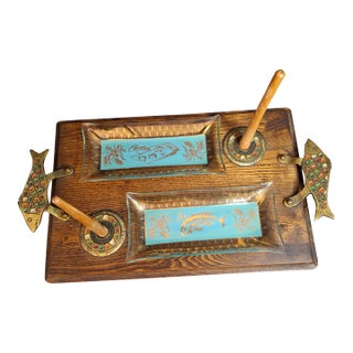 Rare Complete Vintage 1950s Israel Bagel & Lox Serving Wood Tray Judaica For Sale