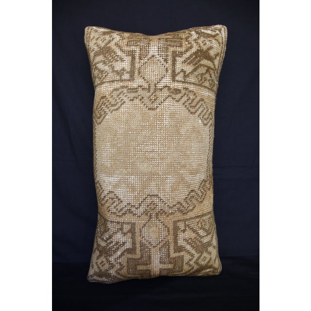 Traditional Turkish Rug Pillow – Neutral Geometric Motifs, Artisan Made From Vintage Rug -16'' X 29'' For Sale - Image 4 of 13