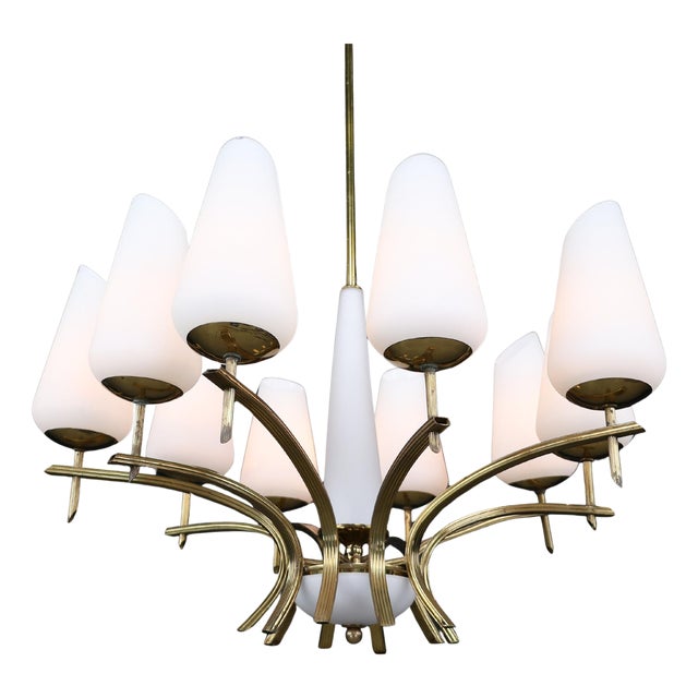 Mid-Century Modern Brass and Opaline Glass Chandelier, France, 1950s For Sale