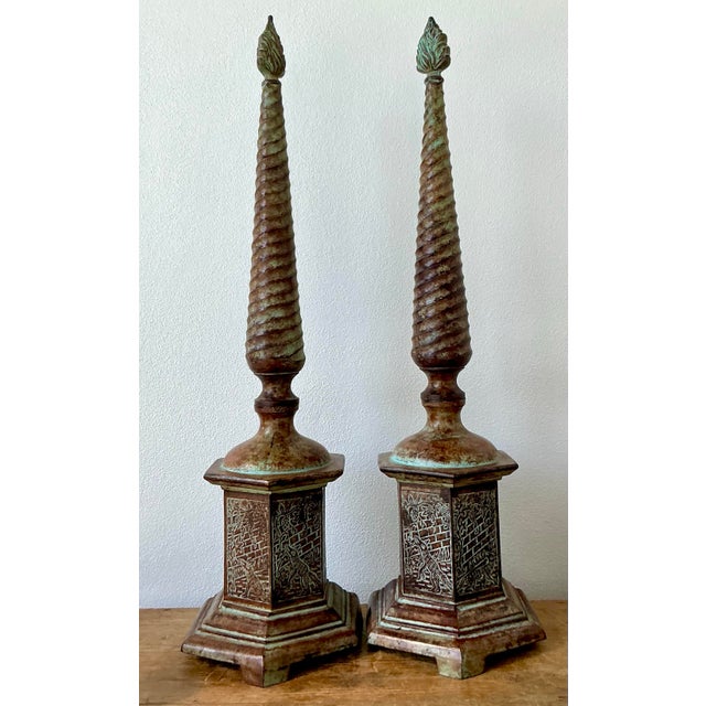 Vintage Boho Patinated Metal Obelisks - A Pair For Sale - Image 10 of 12