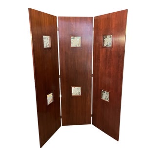 Vintage Art Deco Style Mahogany Etched Glass Three Panel Room Divider Screen For Sale