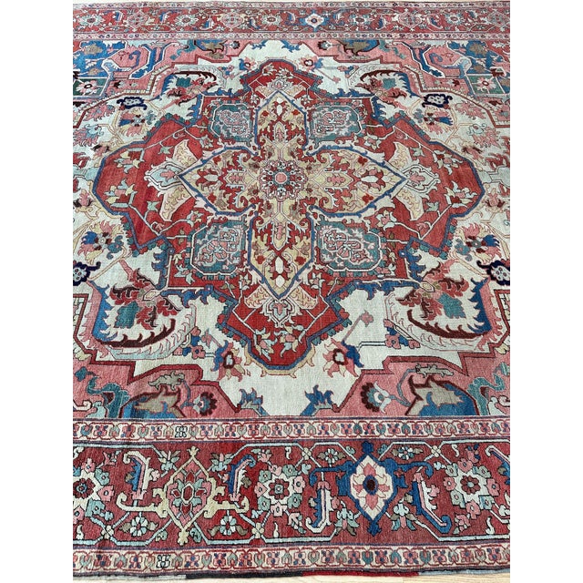 Antique Persian Heriz Carpet Handmade Wool Oriental Rug, Light, Pink, Light Blue For Sale - Image 12 of 18