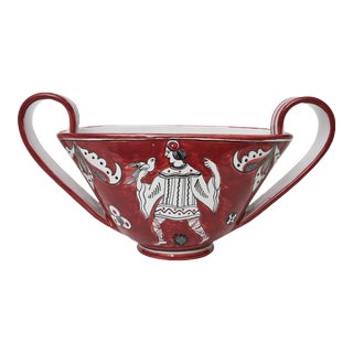 Italian Mid-Century Glazed Ceramic Gester and Birds Handled Bowl, Vessel Sculpture Hallmarked For Sale