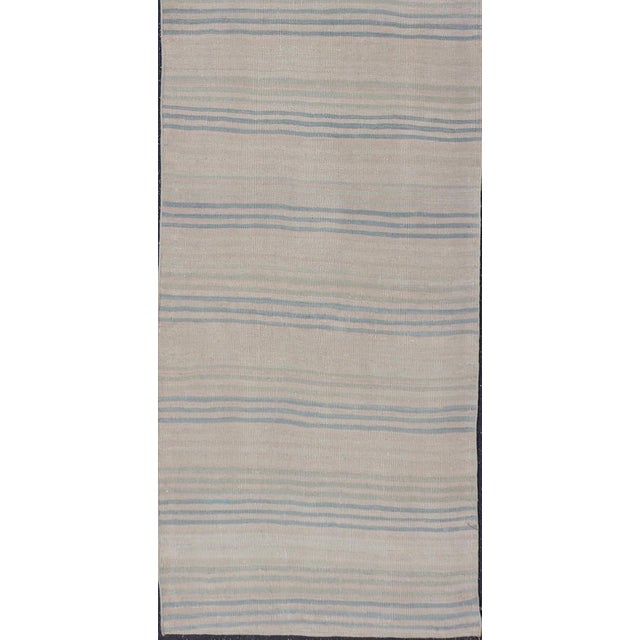 Textile Striped Turkish Vintage Kilim Runner in Ivory and Soft Blue Tones For Sale - Image 7 of 11