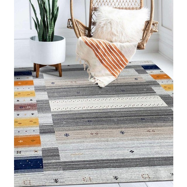 10x14 Multicolor Hand-Knotted Wool Subtle Striped Motifs Geometric Carpet Rug For Sale - Image 4 of 5
