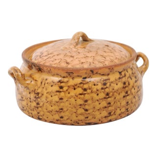 French 19th Century Pottery Covered Baking Dish with Brown Blotched Glaze For Sale