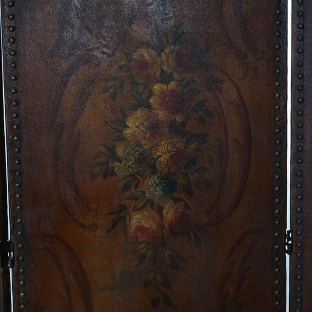 Arts & Crafts Polychromed Leather Folding Screen With Floral Design C1920 For Sale - Image 11 of 11