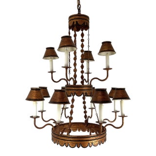 1920s Custom Rustic Italian Two Tier Tole Chandelier For Sale