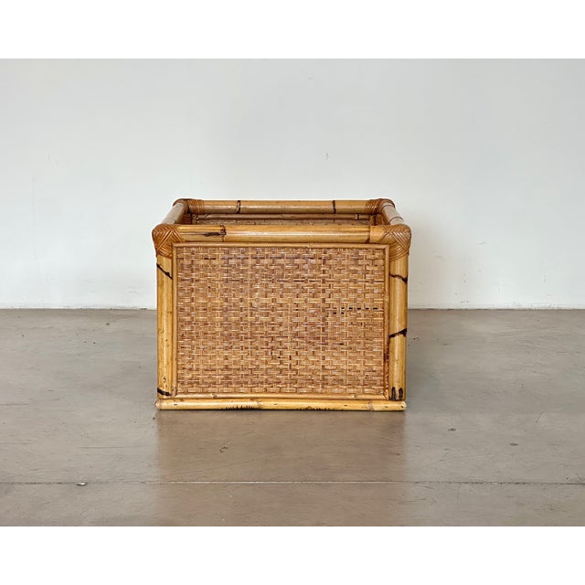 Square wicker and bamboo planter from the 1970s