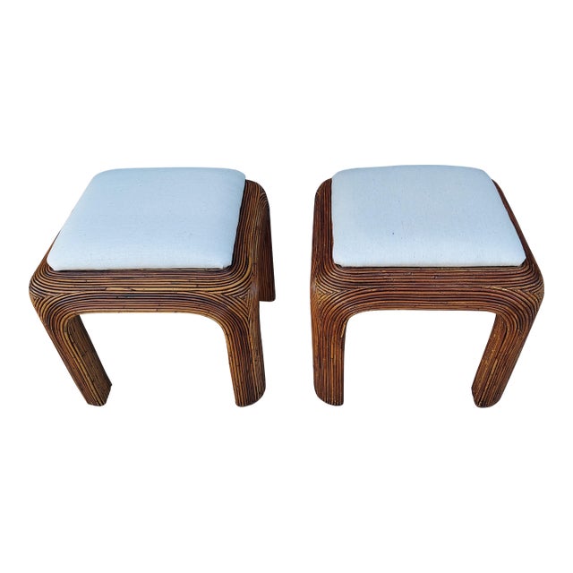 1970s Pair of Mid Century Modern Pencil Reed Rattan Stools For Sale