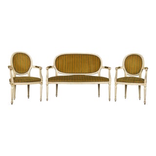 Antique French Louis XVI Style Provincial Painted Loveseat W/ Two Armchairs - Set of 3 For Sale
