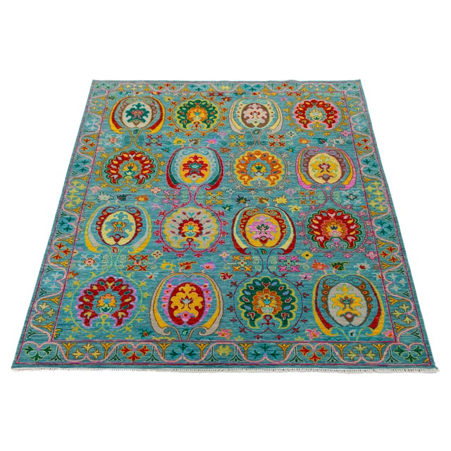 2020s Contemporary Vibrant Oushak-Style Hand-Knotted Turquoise & Jewel-Tone Wool Rug For Sale - Image 5 of 12