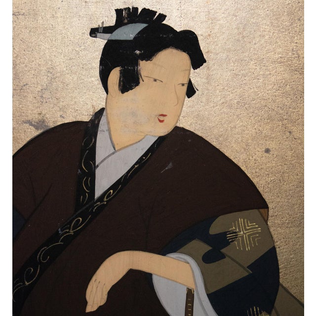 Showa Era Japanese Painted Panels "Samurai & Bijin", a Pair For Sale In Dallas - Image 6 of 17