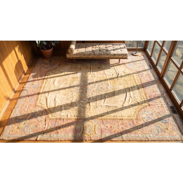 Beautiful and Decorative Beige Background Color With Elegant Floral Motifs Antique French Savonnerie Rug For Sale - Image 12 of 14