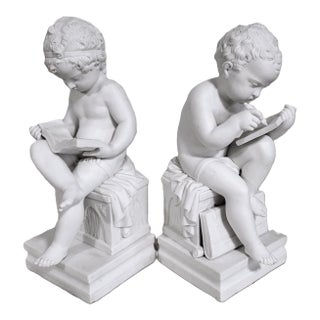 Pair Antique French White Bisque Porcelain Putti Baby Cherubs Sculpture Figures For Sale