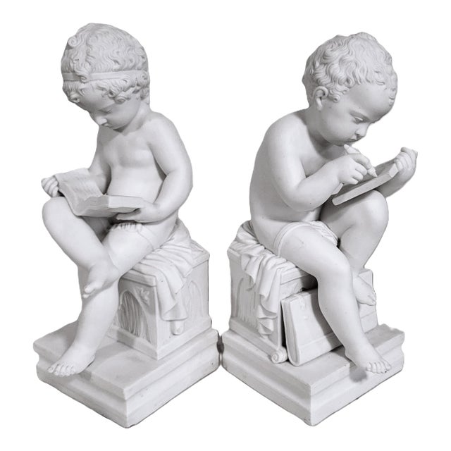 Pair Antique French White Bisque Porcelain Putti Baby Cherubs Sculpture Figures For Sale