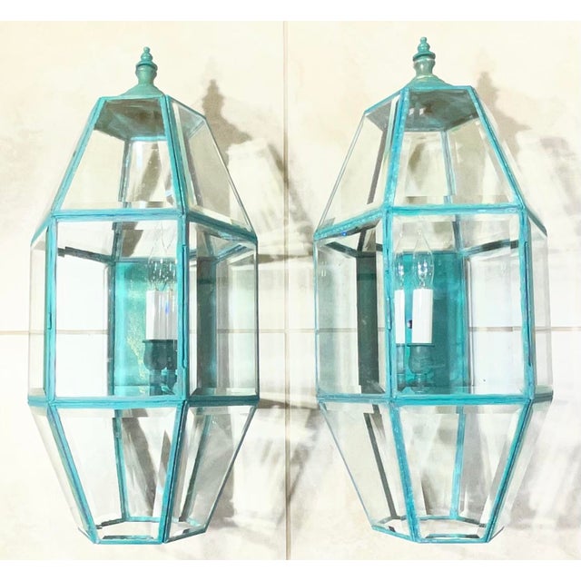 Turquoise Exquisite Pair of Vintage Solid Brass Hexagonal Wall Lanterns For Sale - Image 8 of 17