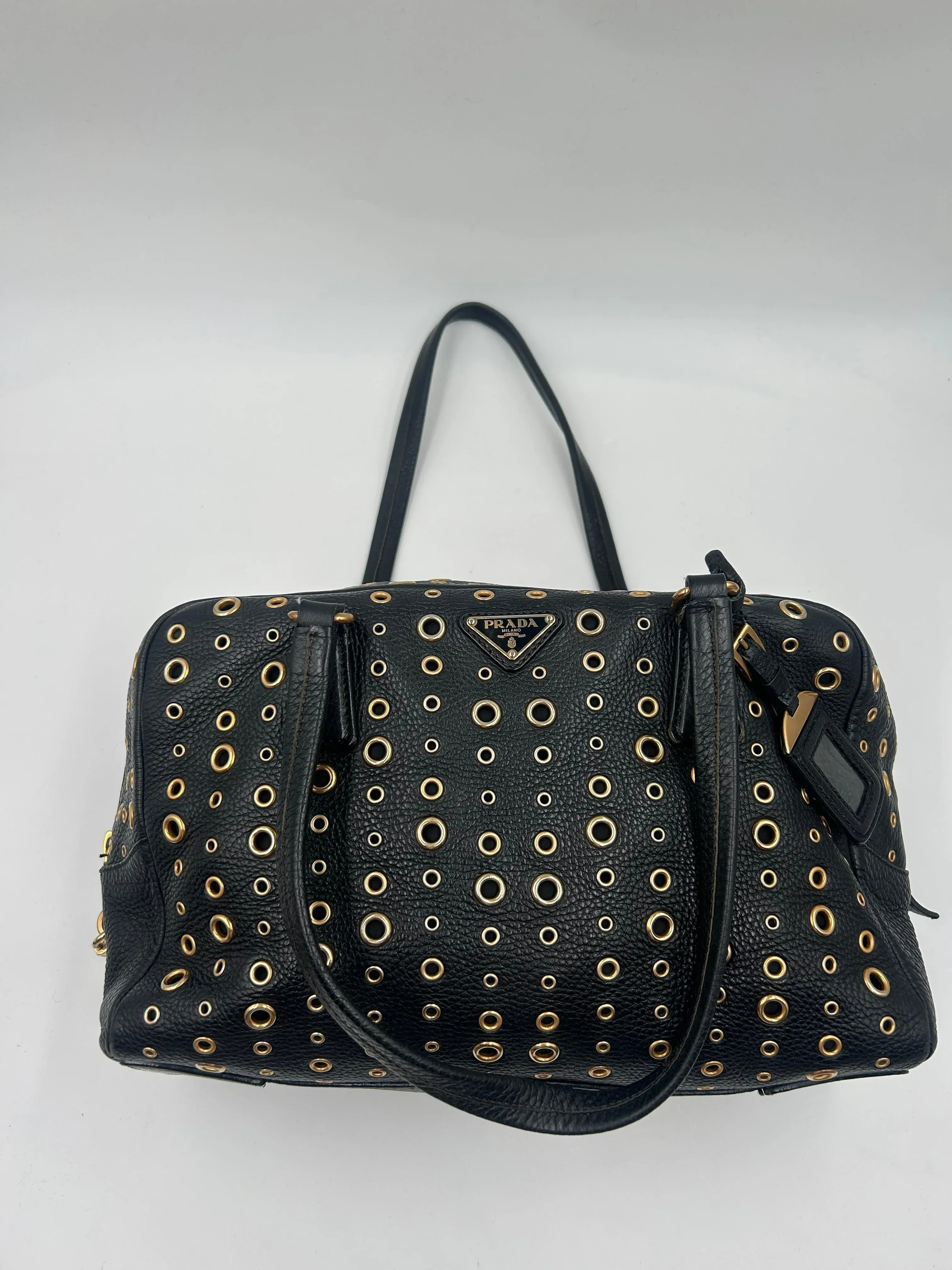 Prada Grommet Bauletto Bag Leather And Gold Tone | Chairish