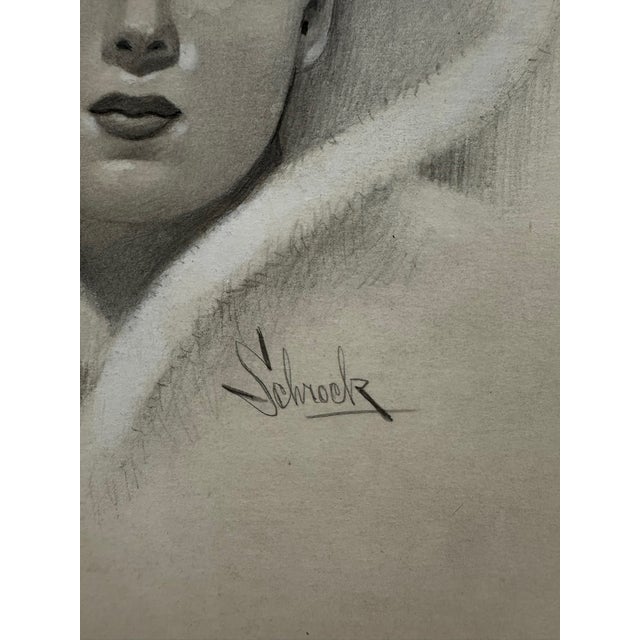 1940s Original Signed Graphite Illustration of Glamorous Woman in Fur Collar, 6.75" X 9.5". For Sale - Image 4 of 5