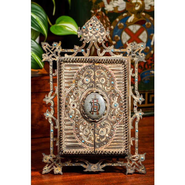 Victorian Amazing Ornate Victorian Antique Anton Boehm Brass Picture Photo Frame With Painting Portrait Miniature of British Soldier For Sale - Image 3 of 13