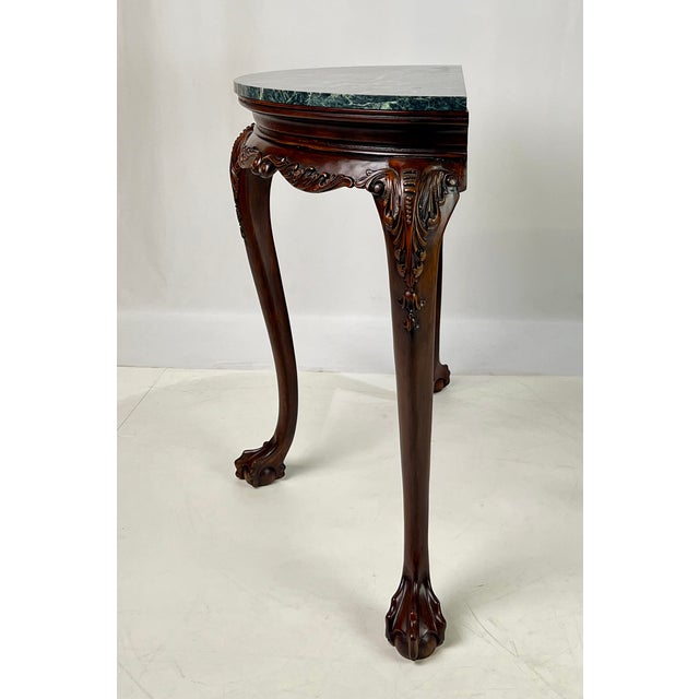 Vintage Chippendale Style Carved Mahogany Green Marble Top Demilune Console Table For Sale - Image 9 of 13