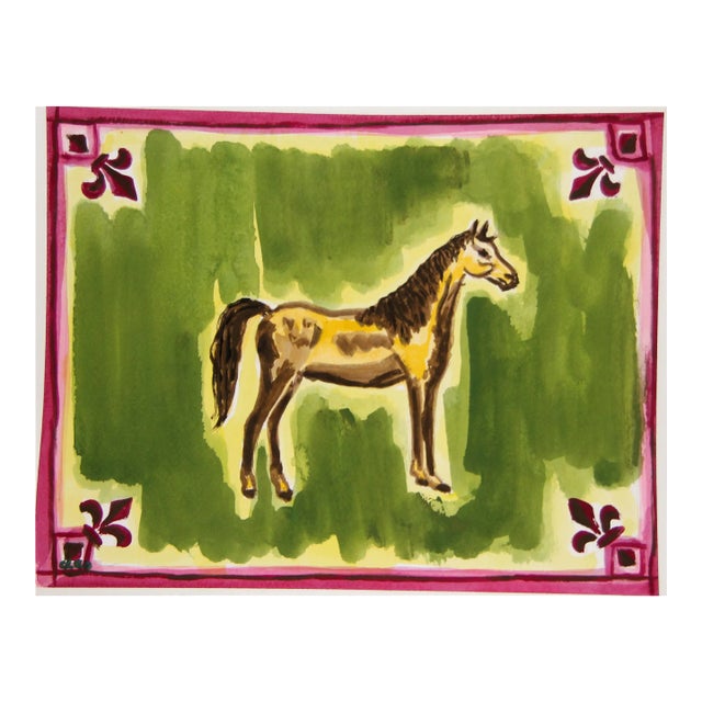 Horse Animal in Burgundy Olive Medieval Border Original Painting Cleo Plowden For Sale